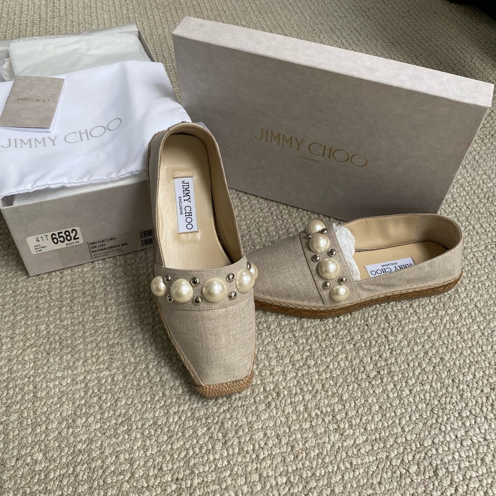 Jimmy Choo Dru Flat Linen with Pearls and Studs